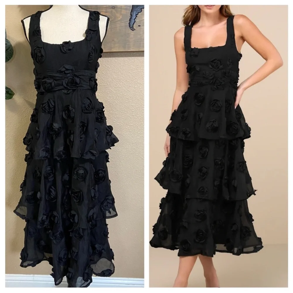 Exceptional Entrance Black Sleeveless Tiered Rosette Midi Dress - Picture 1 of 9
